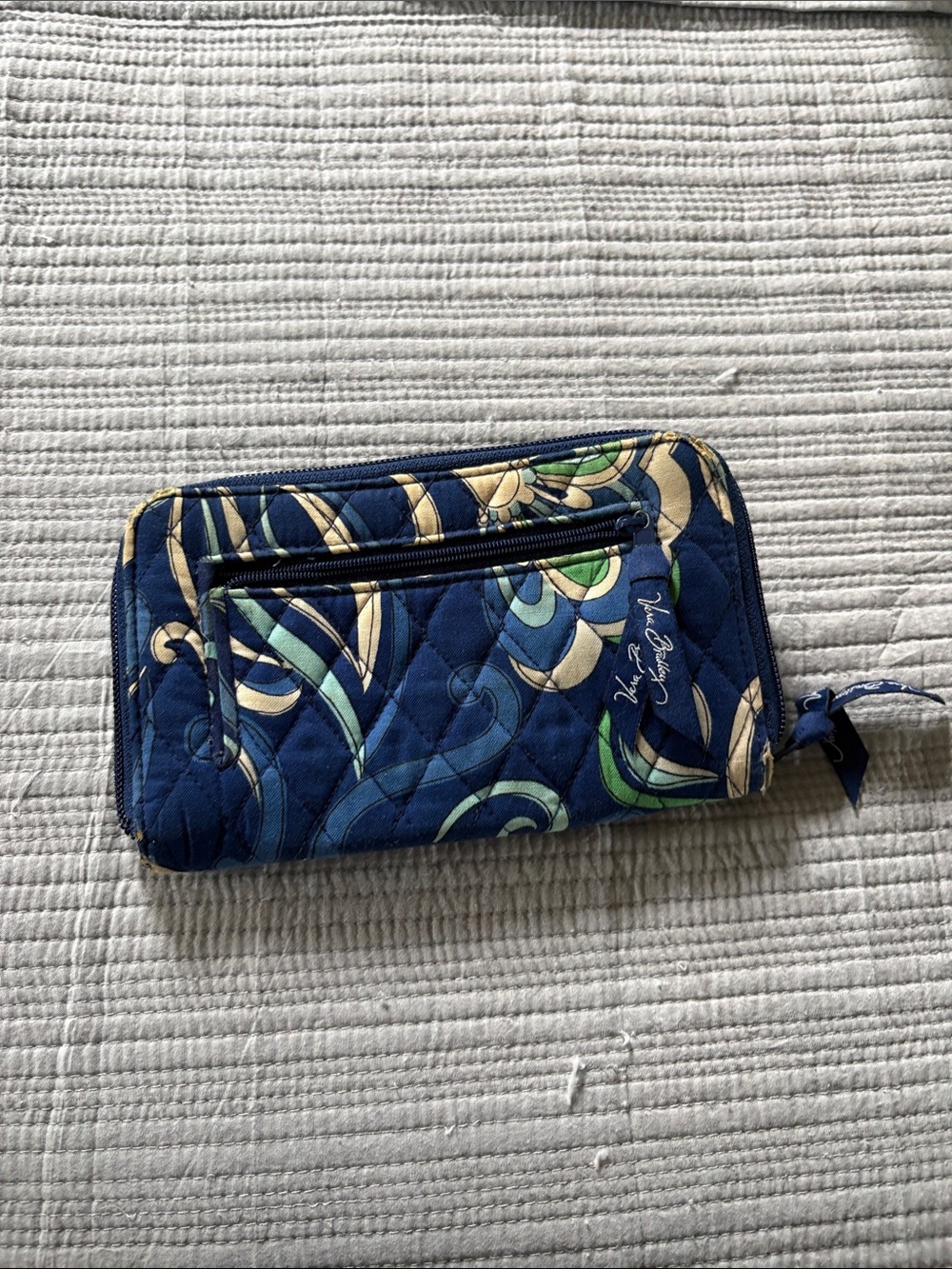 Vera Bradley Navy Quilted Floral Zip Wallet with Green and White Accents